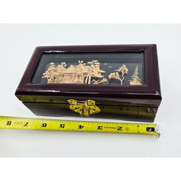 Vintage wood Asian Laquered Jewelry Box With Intricate 3D Bamboo Art Design & Gl - Picture 8 of 9